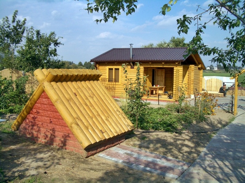 Drewniana altanka z bali z brązowym dachem i piwniczka ziemna z wejściem pokrytym drewnianymi balami na zewnątrz w słoneczny dzień.