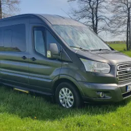 Szary Ford Transit z przyciemnianymi szybami, zaparkowany na zielonej łące z drzewami w tle, widoczny stopień wejściowy.
