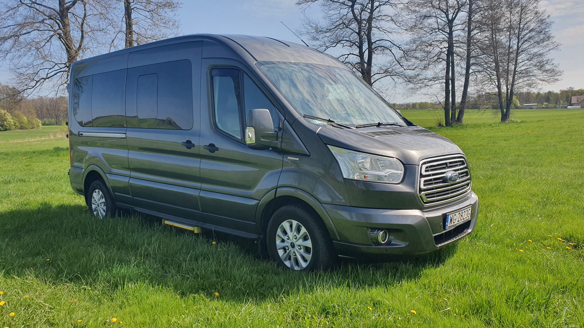 Szary Ford Transit z przyciemnianymi szybami, zaparkowany na zielonej łące z drzewami w tle, widoczny stopień wejściowy.