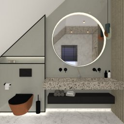 Zuza Kiryk - Wizualizacja nowoczesnej łazienki na poddaszu z okrągłym lustrem z podświetleniem LED, beżową toaletą z czarną deską, kamiennym blatem umywalki i czarną szafką pod umywalką.