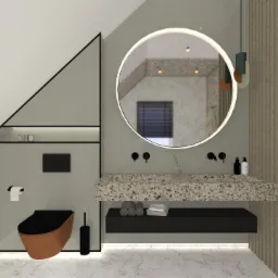 Wizualizacja nowoczesnej łazienki na poddaszu z okrągłym lustrem z podświetleniem LED, beżową toaletą z czarną deską, kamiennym blatem umywalki i czarną szafką pod umywalką.