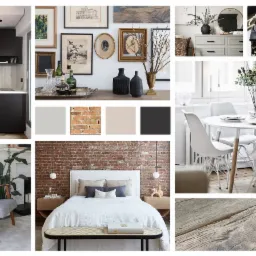 Zestawienie kolażu różnych aranżacji wnętrz: minimalistyczna kuchnia z czarnymi szafkami, sypialnia z ceglaną ścianą, jadalnia z okrągłym stołem i białymi krzesłami, salon z fotelem w stylu retro...