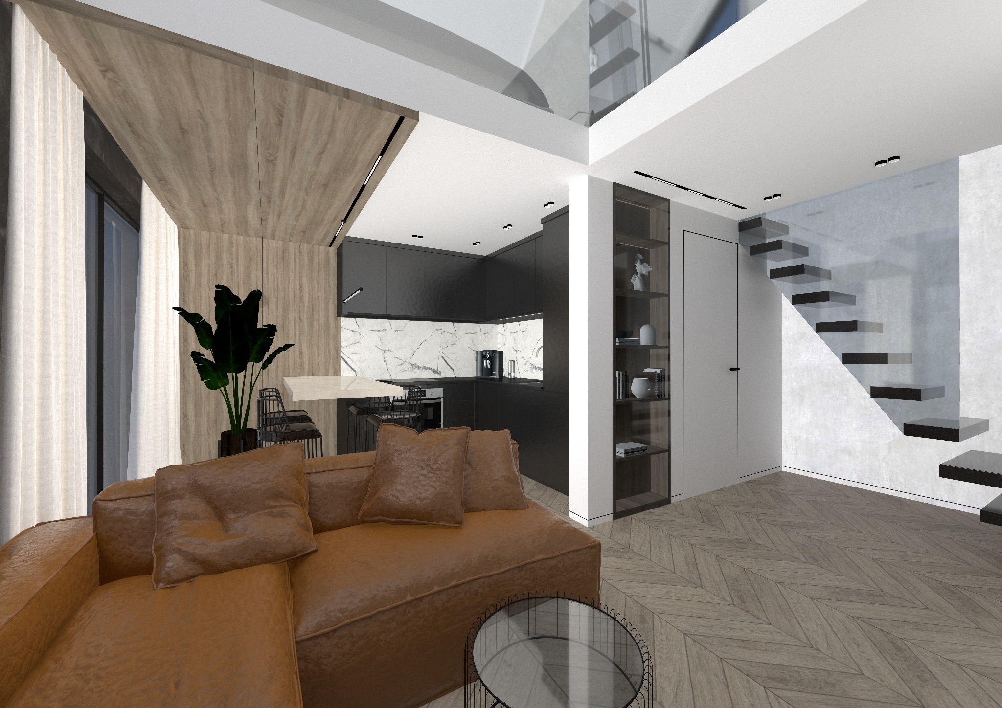 Wizualizacja salonu z aneksem kuchennym w nowoczesnym stylu: brązowa skórzana sofa, szklany stolik kawowy, czarna zabudowa kuchenna z marmurowym blatem, schody z podświetleniem.