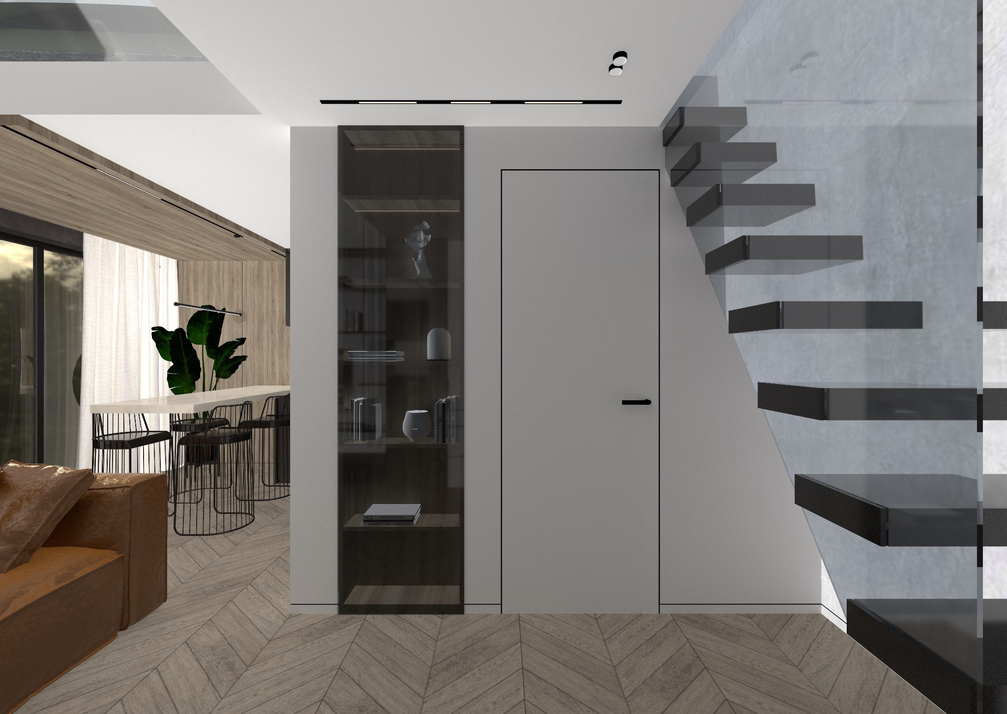 Nowoczesne wnętrze: salon z brązową sofą, parkietem w jodełkę, przeszkloną ścianą ze schodami, minimalistyczną zabudową z półkami i białymi drzwiami.