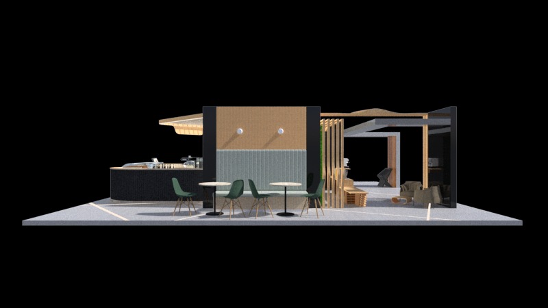 Wizualizacja 3D stoiska targowego z ladą barową, miejscami siedzącymi i elementami drewnianymi.