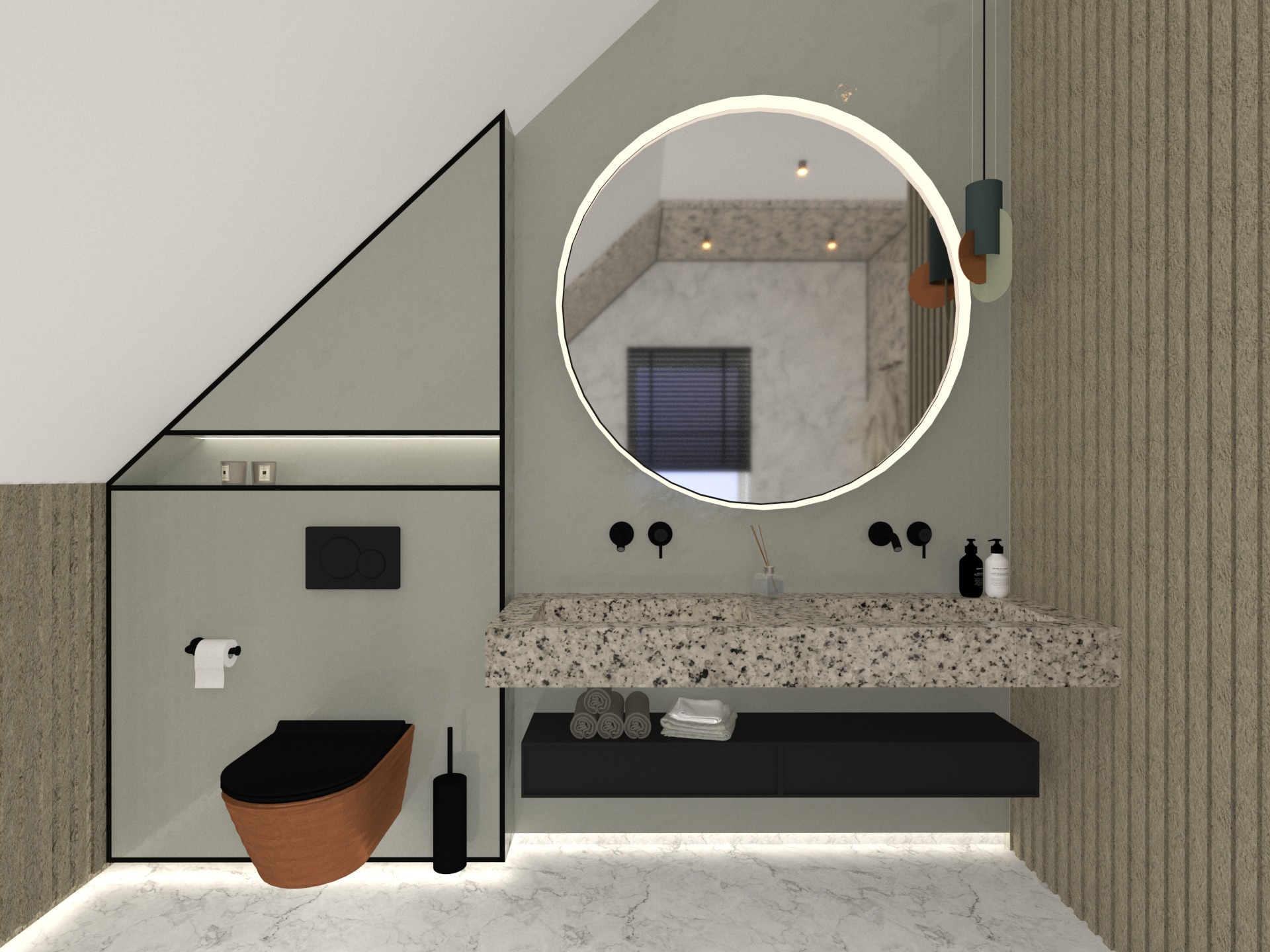 Wizualizacja nowoczesnej łazienki na poddaszu z okrągłym lustrem z podświetleniem LED, beżową toaletą z czarną deską, kamiennym blatem umywalki i czarną szafką pod umywalką.