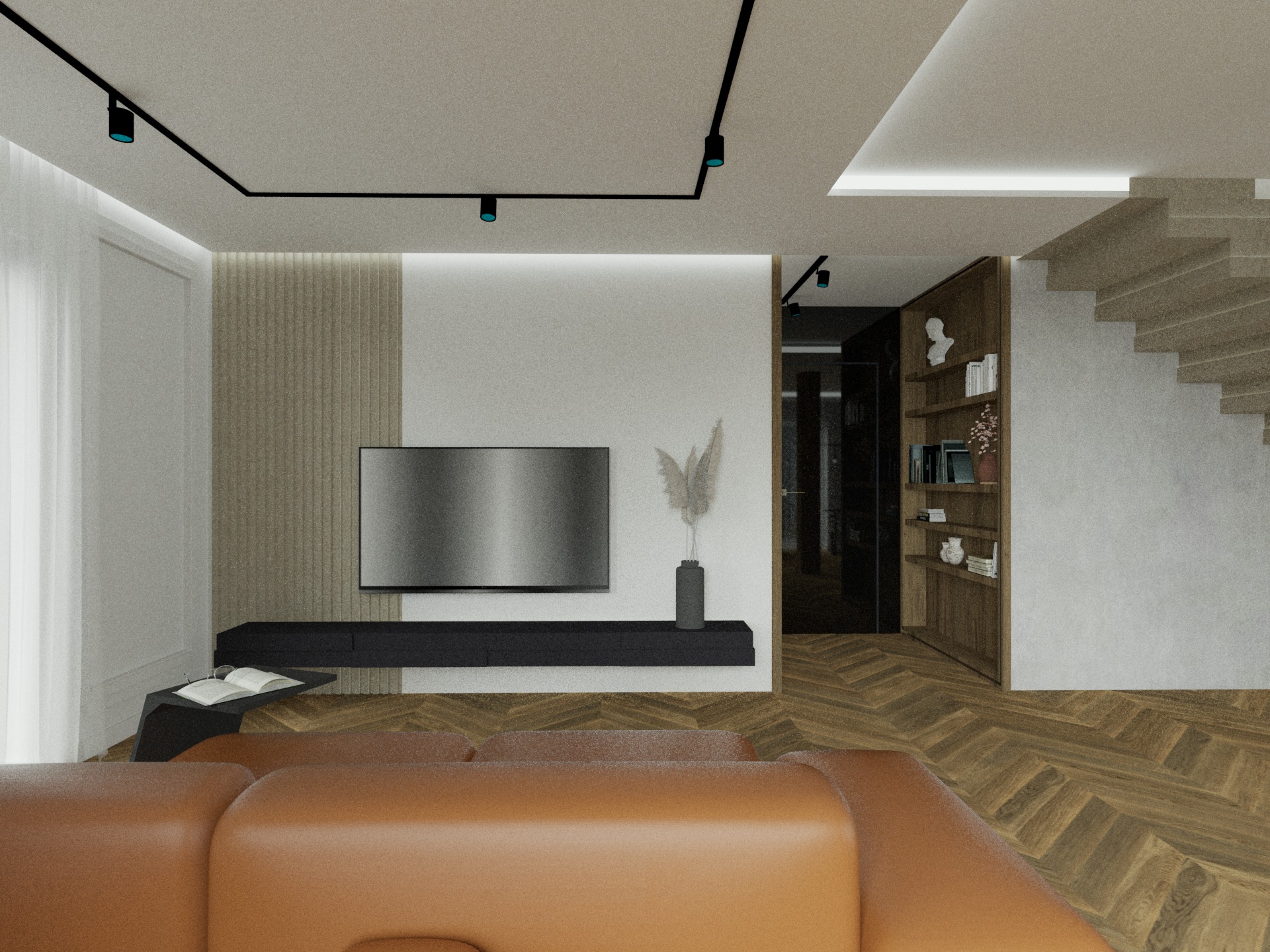Wizualizacja salonu z brązową sofą, telewizorem na ścianie, drewnianą podłogą w jodełkę i oświetleniem szynowym.