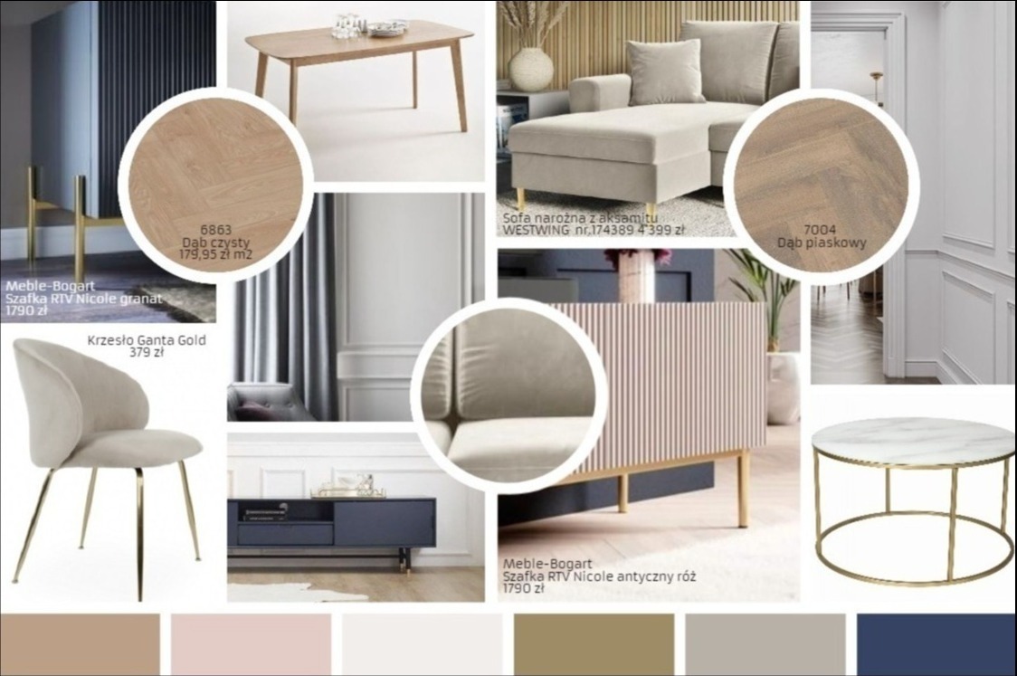 Moodboard wnętrzarski w odcieniach beżu i granatu, prezentujący zestawienie mebli takich jak sofa narożna, krzesło z weluru na złotych nóżkach, stolik kawowy z marmurowym blatem, szafka RTV, stół...