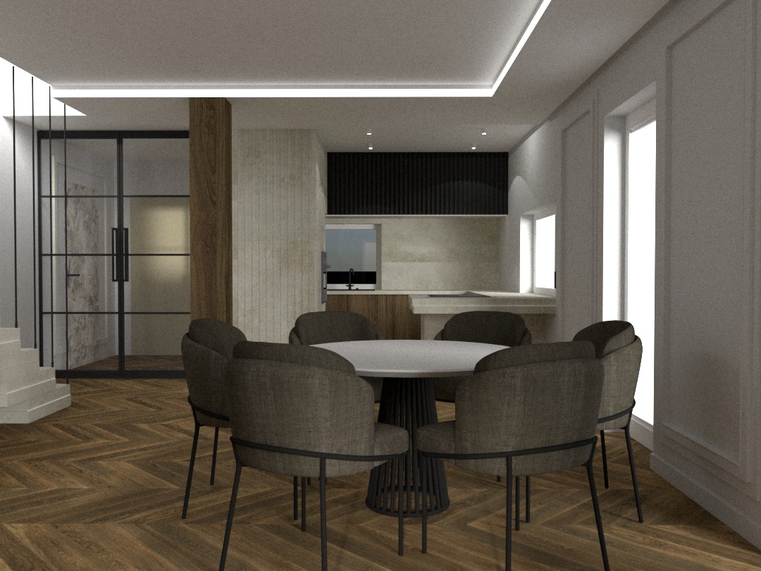 Jadalnia z okrągłym stołem i sześcioma krzesłami w odcieniach szarości, parkiet w jodełkę, widok na otwartą kuchnię z czarnymi szafkami i oknem, minimalistyczne oświetlenie sufitowe.