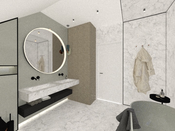 Wizualizacja nowoczesnej łazienki z okrągłym lustrem z podświetleniem LED, podwójną marmurową umywalką na czarnej szafce, marmurowymi ścianami i podłogą, oraz wiszącym płaszczem przy wannie