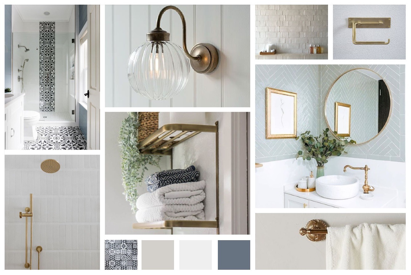 Moodboard łazienki: kabina prysznicowa z czarno-białymi płytkami, złota armatura, umywalka nablatowa, lustro w złotej ramie, lampa ścienna z żarówką filamentową, ręczniki na złotej półce, paleta...