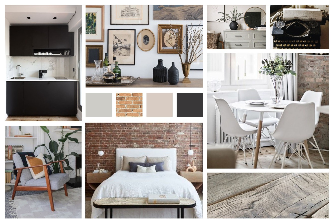 Zestawienie kolażu różnych aranżacji wnętrz: minimalistyczna kuchnia z czarnymi szafkami, sypialnia z ceglaną ścianą, jadalnia z okrągłym stołem i białymi krzesłami, salon z fotelem w stylu retro...