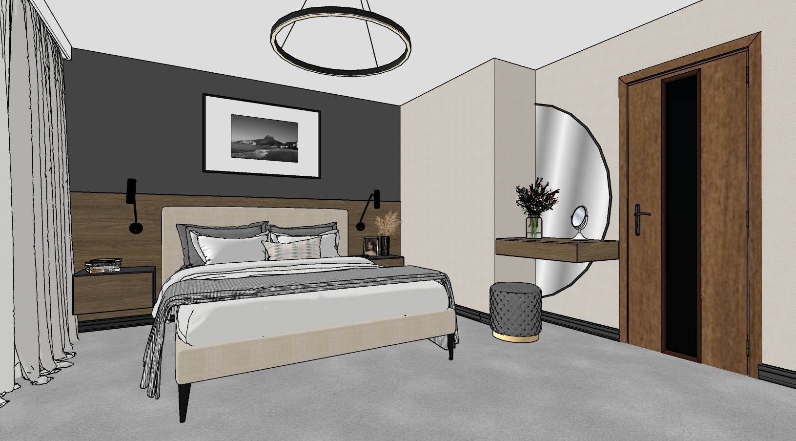 Wizualizacja sypialni z łóżkiem kontynentalnym, toaletką z okrągłym lustrem i lampą wiszącą w kształcie pierścienia.