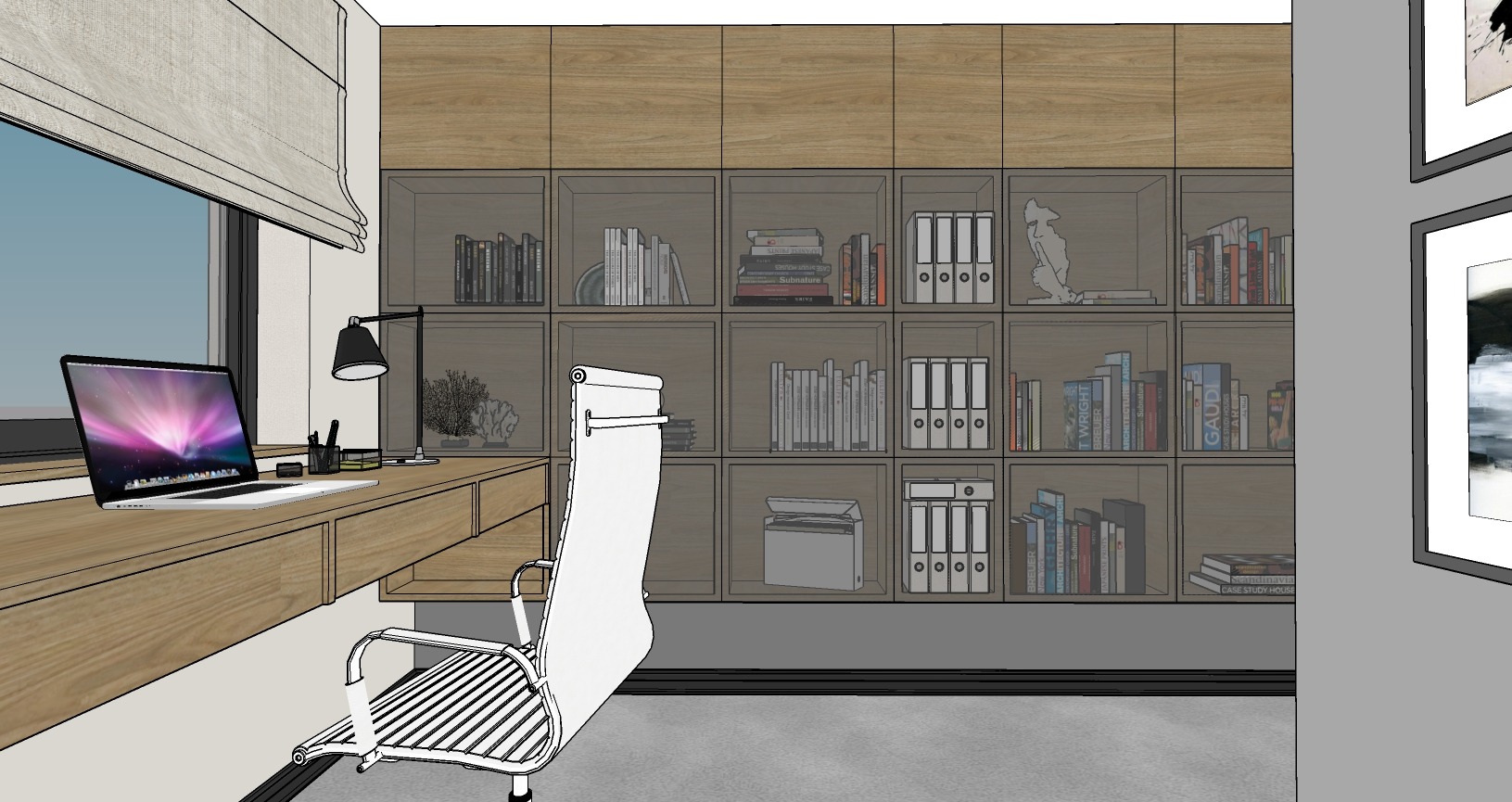 Wizualizacja gabinetu w domu z biurkiem z drewna, na którym stoi laptop, czarna lampka i przybornik na długopisy, a za nim regał z książkami i dekoracjami, oraz białe krzesło biurowe