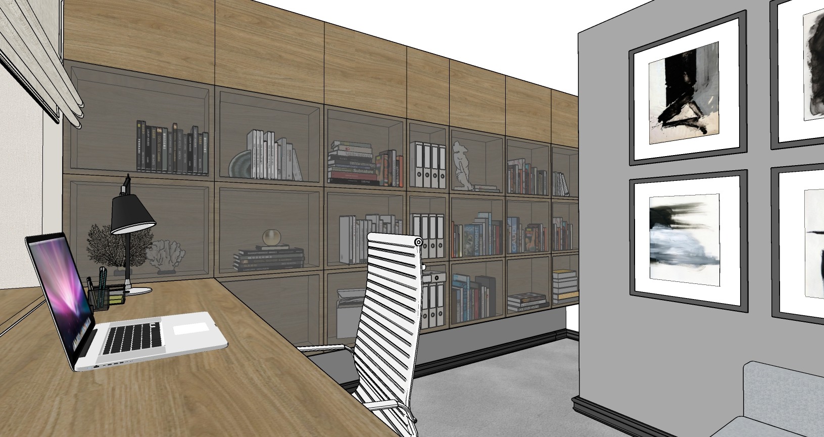 Wizualizacja biura domowego z drewnianymi regałami na książki, biurkiem z laptopem i lampką, oraz białym krzesłem obrotowym; na ścianie galeria czarno-białych obrazów.