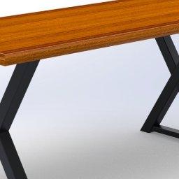 ArtisOmnia - Wizualizacja stołu z blatem z drewna w ciepłym odcieniu i geometryczną podstawą z czarnych, metalowych profili.