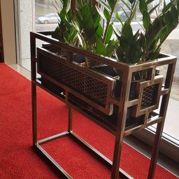 ArtisOmnia - Metalowa konstrukcja kwietnika w stylu art deco, z roślinami zamiokulkas, na tle okna i czerwonej wykładziny.