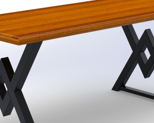 Wizualizacja stołu z blatem z drewna w ciepłym odcieniu i geometryczną podstawą z czarnych, metalowych profili.