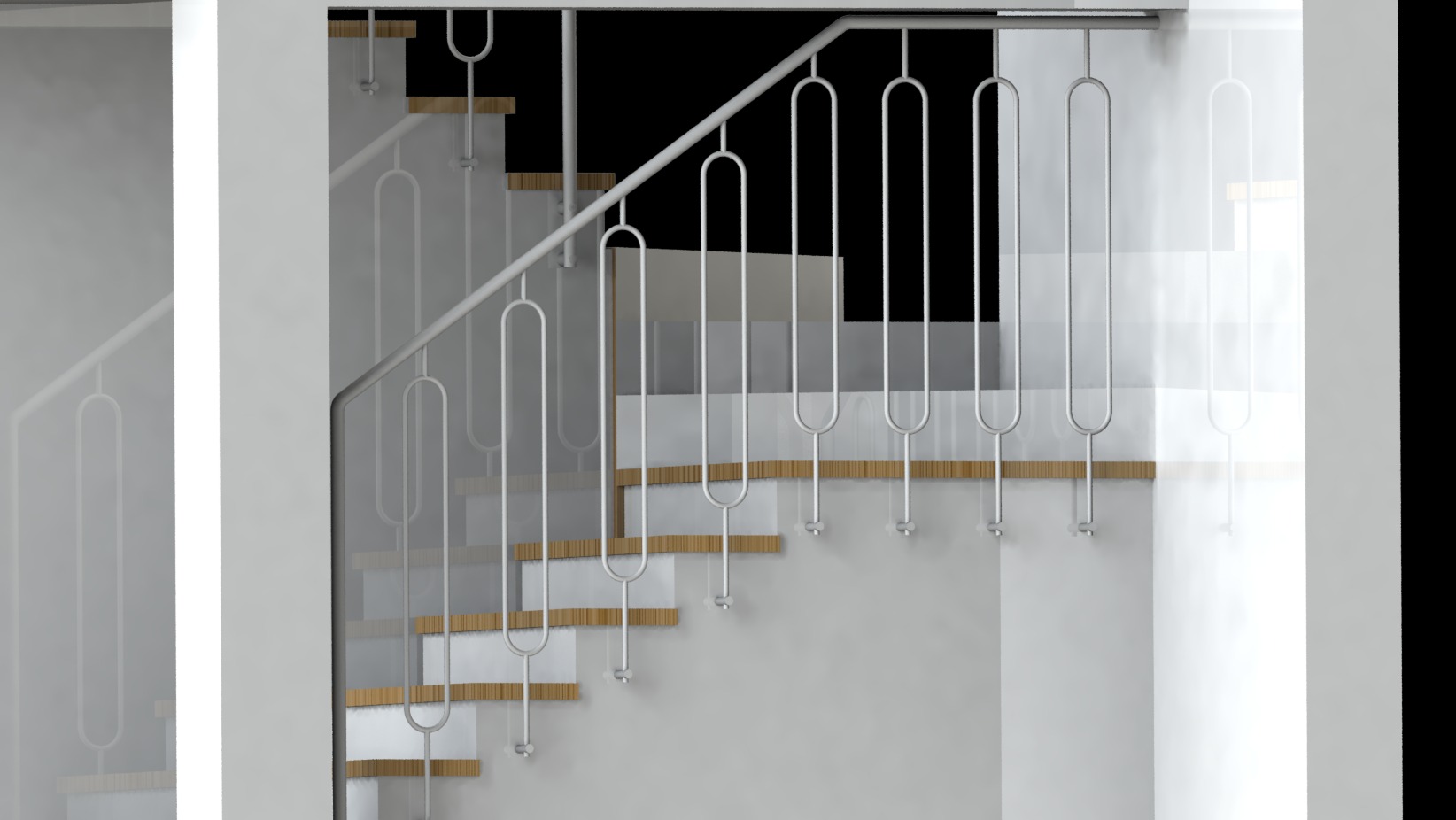 Białe schody z metalową balustradą o minimalistycznym designie, z charakterystycznymi pionowymi elementami w kształcie wydłużonych owali, zamocowanymi do stopni i poręczy.