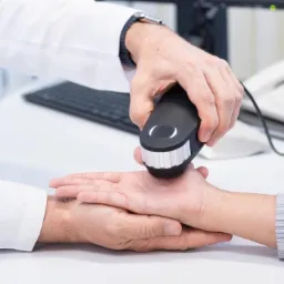 Lekarz dermatolog używa dermatoskopu do badania skóry dłoni pacjenta, widoczny biały fartuch i biurko z komputerem w tle.