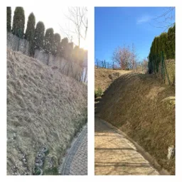 Porównanie zbocza przed i po zabiegach: po lewej zaniedbana trawa, po prawej - schludnie przystrzyżona, z widocznym chodnikiem i ogrodzeniem.