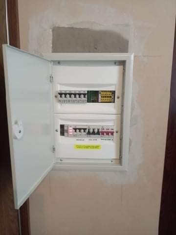 Otwarta skrzynka rozdzielcza z widocznymi bezpiecznikami i przewodami, zamontowana na ścianie z widocznymi śladami po niedokończonych pracach wykończeniowych.