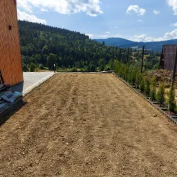 Przygotowany teren pod trawnik z rolki, z widocznymi workami z ziemią obok drewnianego budynku i młodymi tujami wzdłuż ogrodzenia w tle.