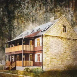 Dwukondygnacyjny budynek z cegły i drewna z balkonami, widoczny z perspektywy ogrodu, z nazwą 'Willa Pelagia' umieszczoną na elewacji.