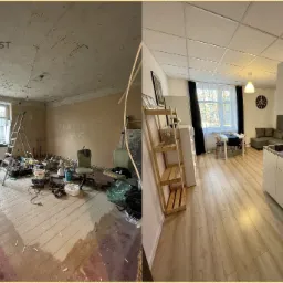 Porównanie stanu mieszkania przed i po remoncie: surowy pokój z drabiną i narzędziami kontra nowoczesne wnętrze z aneksem kuchennym, stołem i sofą.