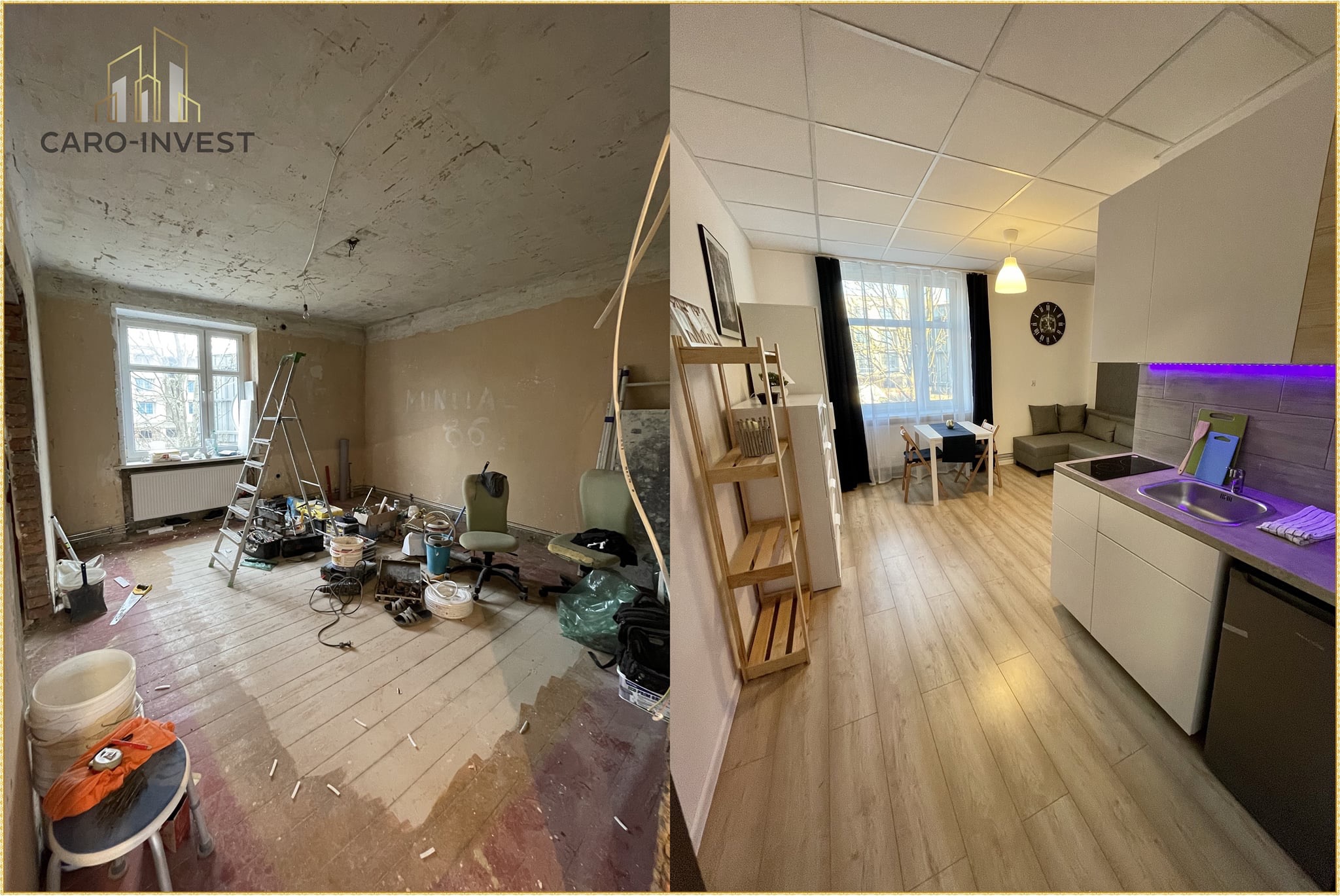 Porównanie stanu mieszkania przed i po remoncie: surowy pokój z drabiną i narzędziami kontra nowoczesne wnętrze z aneksem kuchennym, stołem i sofą.