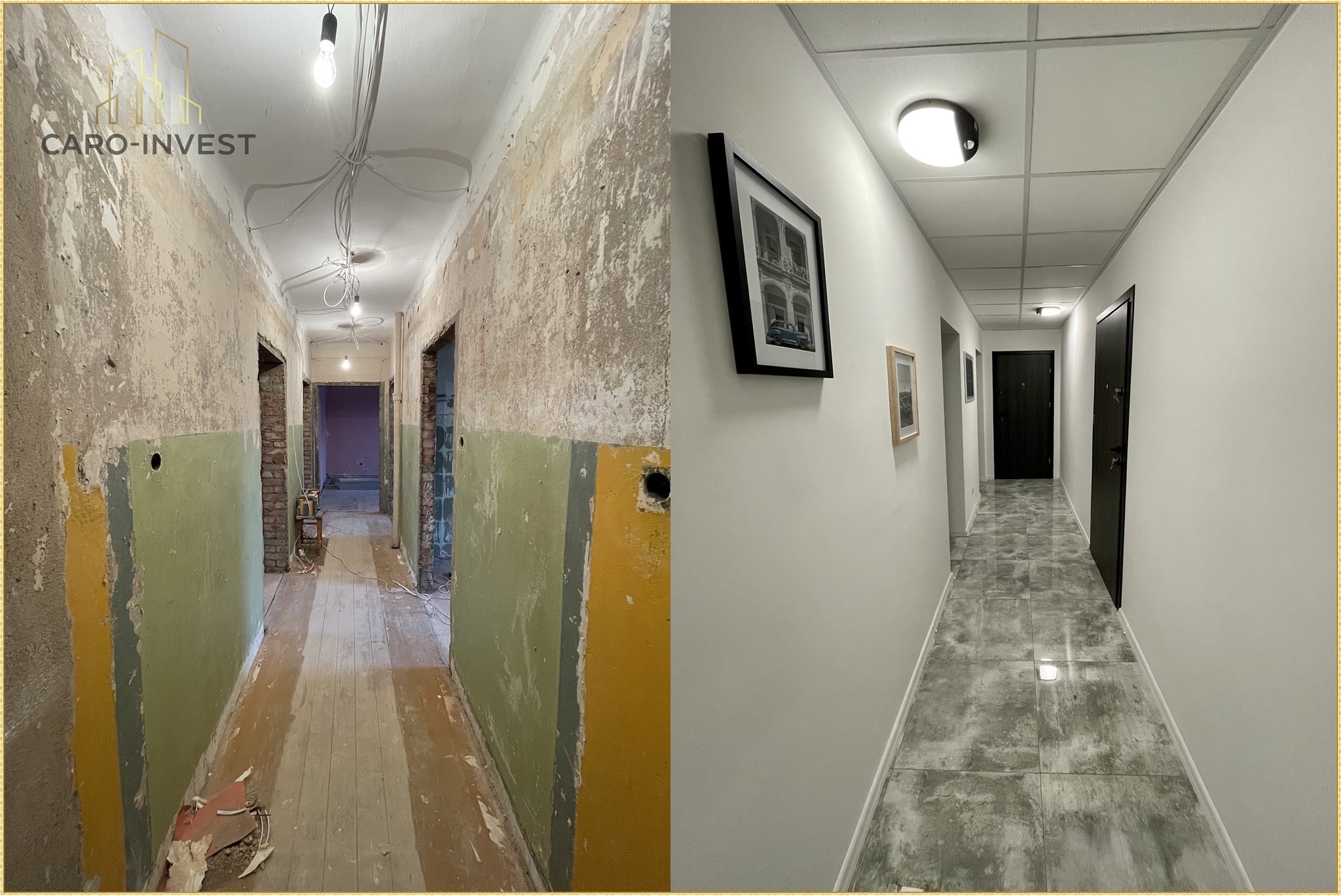 Korytarz w trakcie i po remoncie: surowe ściany z odsłoniętą cegłą i instalacją elektryczną po lewej, gładkie, pomalowane ściany z obrazami i nową podłogą z płytek po prawej.