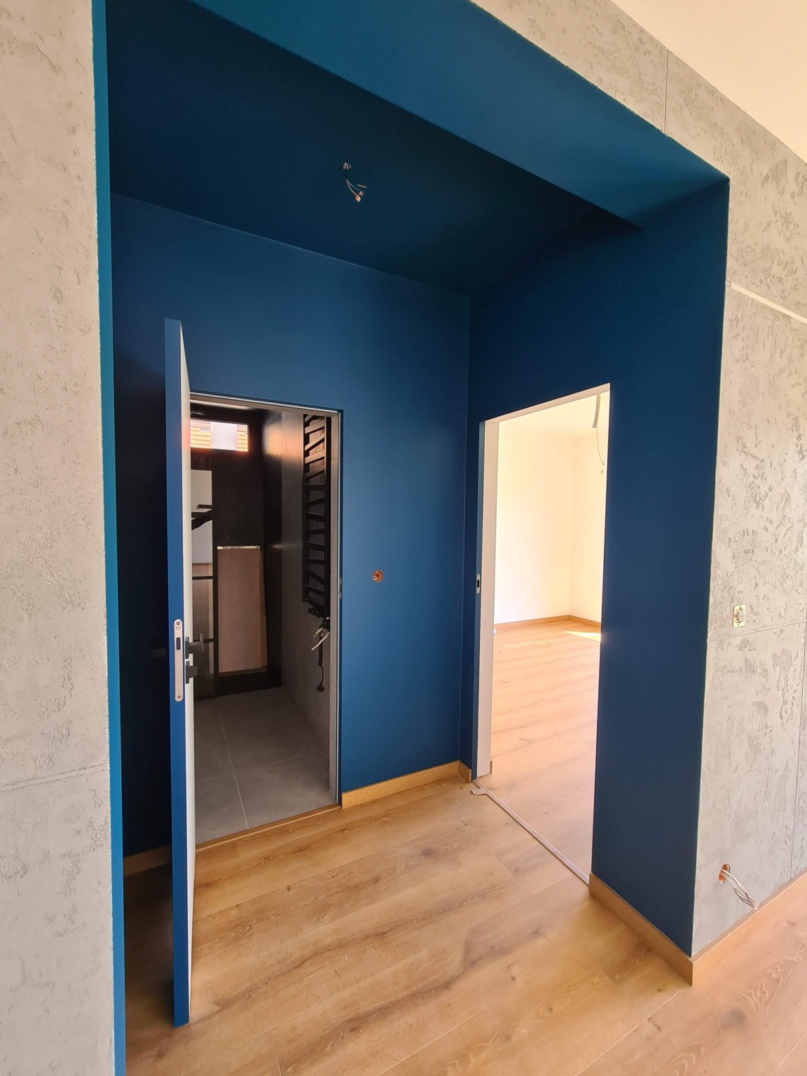 Wykończone wnętrze z granatowymi ścianami i sufitem, widoczne drewniane panele podłogowe i fragment ściany z szarą strukturą. Otwarta przestrzeń z drzwiami.