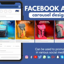 Symulacja karuzeli reklamowej na Facebooku prezentująca kolekcję plecaków Mountainworks, wyświetlana na ekranie smartfona na niebieskim tle z ikonami mediów społecznościowych.