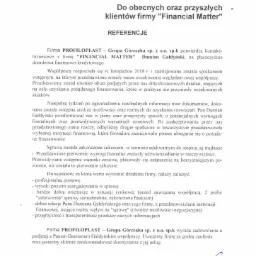 Skan dokumentu referencyjnego dla firmy Financial Matter od firmy Profiloplast, potwierdzający udaną wsp&oacute;łpracę w zakresie doradztwa finansowo-kredytowego.