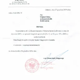 Skan decyzji Sądu Okręgowego w Gdańsku z 27 grudnia 2019 roku, ustanawiającej Wojciecha Deskę biegłym sądowym w zakresie wyceny nieruchomości do 31 grudnia 2024 roku, z pieczęcią i podpisem.