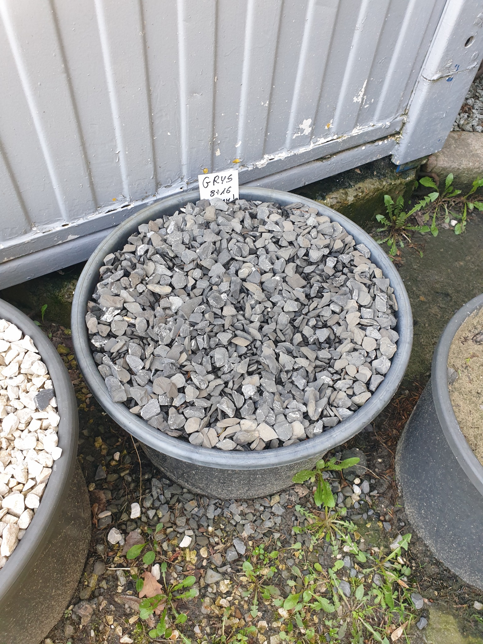 Szary kamień w plastikowym pojemniku z kartką informacyjną, obok inne pojemniki z białym kamieniem i piaskiem, na tle metalowej ściany i chwastów.