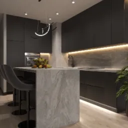Nowoczesna kuchnia z czarnymi szafkami, marmurową wyspą i designerską lampą wiszącą w kształcie półksiężyca.