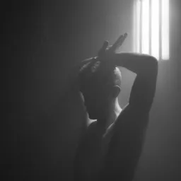 Czarno-białe zdjęcie sylwetki mężczyzny z rękami uniesionymi nad głową, stojącego w słabym oświetleniu przed oknem z kratami.