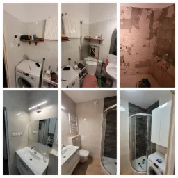 Seria zdjęć przedstawia etapy remontu łazienki: od stanu początkowego z białymi płytkami, przez demontaż i przygotowanie ścian, po wykończoną łazienkę z kabiną prysznicową, umywalką z szafką...
