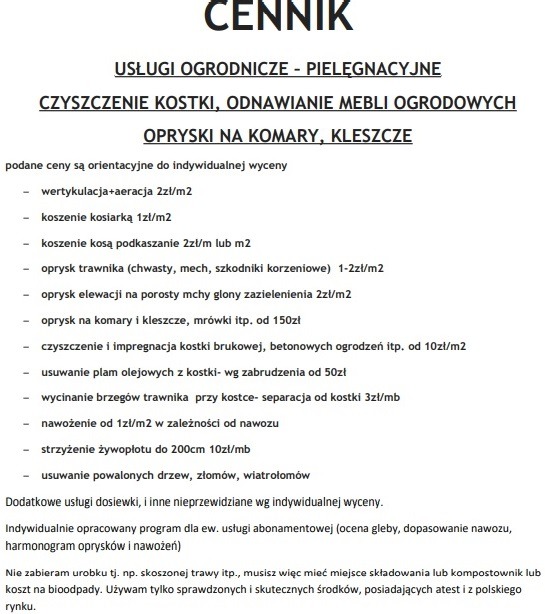Cennik usług ogrodniczych i pielęgnacyjnych, w tym czyszczenie kostki, odnawianie mebli ogrodowych, opryski na komary i kleszcze, koszenie, nawożenie, strzyżenie żywopłotu oraz usuwanie powalonych...
