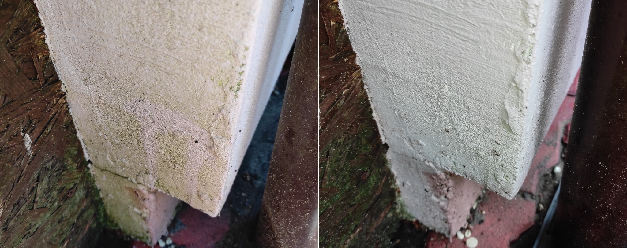 Porównanie stanu narożnika betonowego przed i po czyszczeniu, widoczne zabrudzenia biologiczne (mech) i efekt po usunięciu.