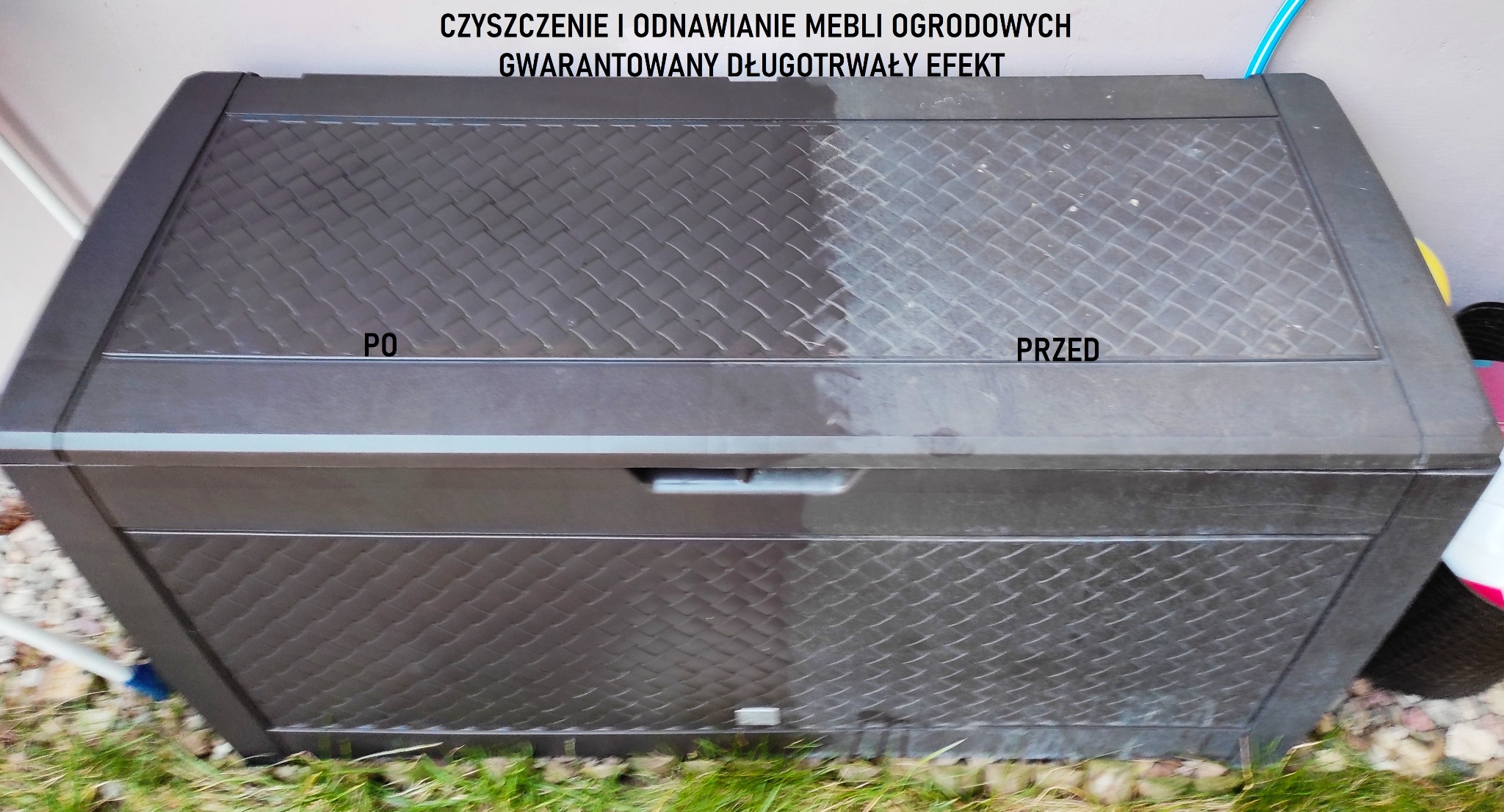 Plastikowa skrzynia ogrodowa, po lewej stronie czysta, po prawej brudna, z napisem 'PRZED' i 'PO', na tle zielonej trawy i szarej ściany.