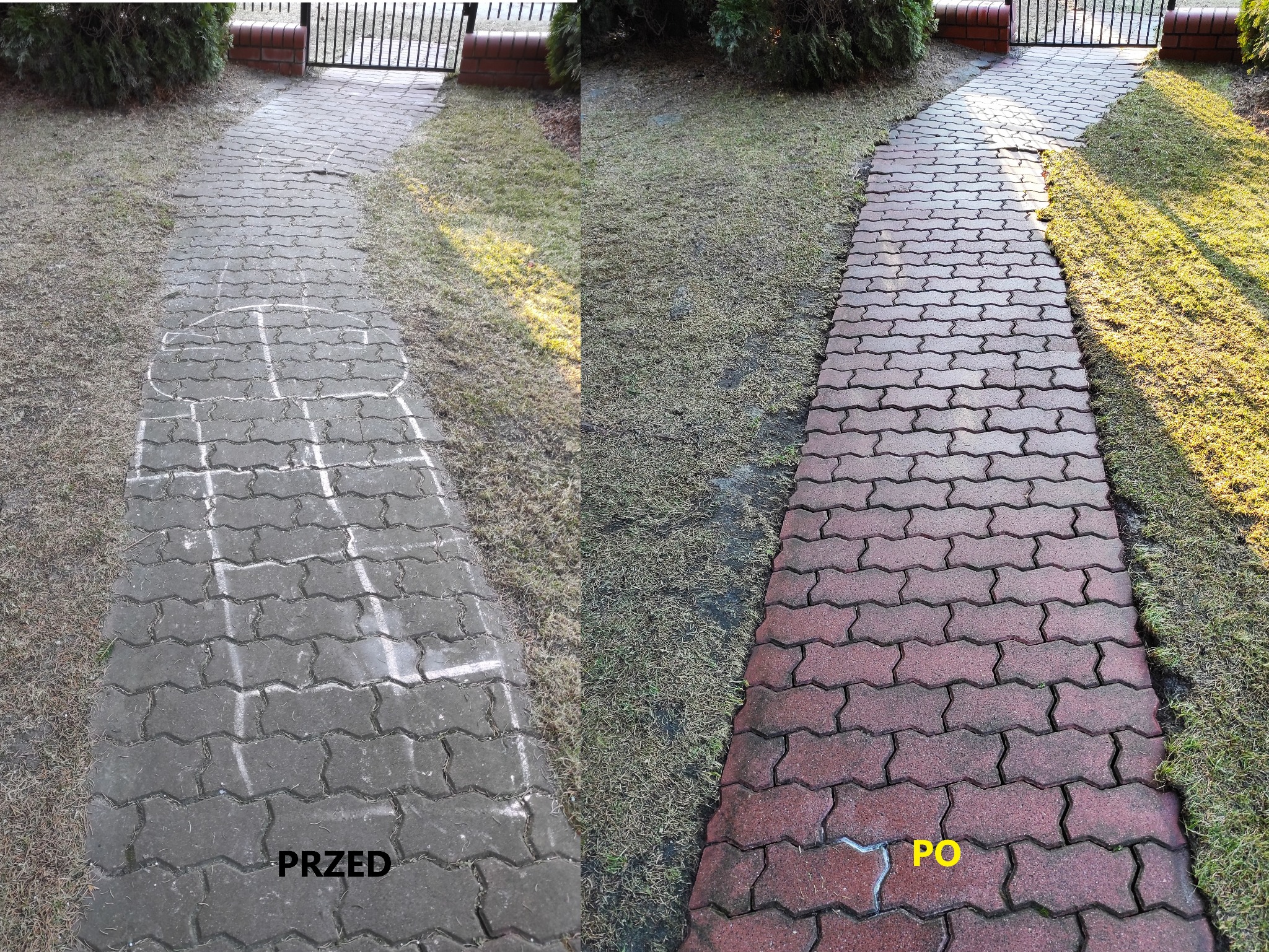 Porównanie stanu chodnika z kostki brukowej przed i po czyszczeniu; po lewej stronie szara, zabrudzona kostka z narysowaną kredą grą w klasy, po prawej stronie wyczyszczona, czerwona kostka brukowa...