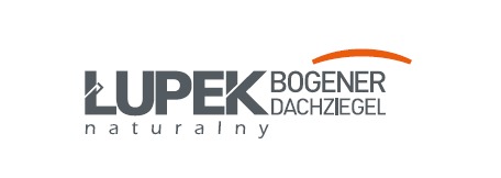 Logo firmy Łupek Bogener Dachziegel, szare napisy na białym tle, pomarańczowy łuk nad nazwą.