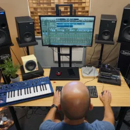 Osoba siedząca za biurkiem w pomieszczeniu, z widocznym oprogramowaniem do edycji audio na monitorze, głośnikami studyjnymi Zaor, syntezatorem MS-1, oraz sprzętem rackowym