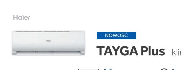 Biała jednostka klimatyzacji Haier TAYGA Plus, oznaczona jako nowość, widoczna z boku na jasnym tle.
