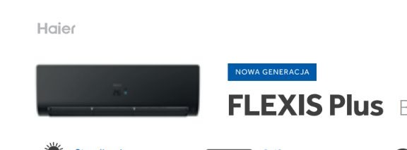 Czarny klimatyzator ścienny Haier Flexis Plus nowej generacji na białym tle, widoczne logo producenta.
