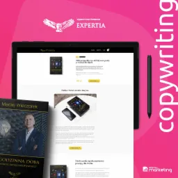 Ekran tabletu prezentuje stronę internetową wydawnictwa biznesowego Expertia, promującą książkę '365 pomysłów na efektywne posty w Social Mediach', obok leży książka 'Godzinna Doba', a w tle różowy...