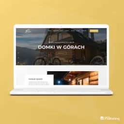 Ekran laptopa wyświetla stronę internetową Kocierskiej Chaty, prezentującą domki w górach, z widocznym menu nawigacyjnym i zdjęciami domków oraz rowerów.