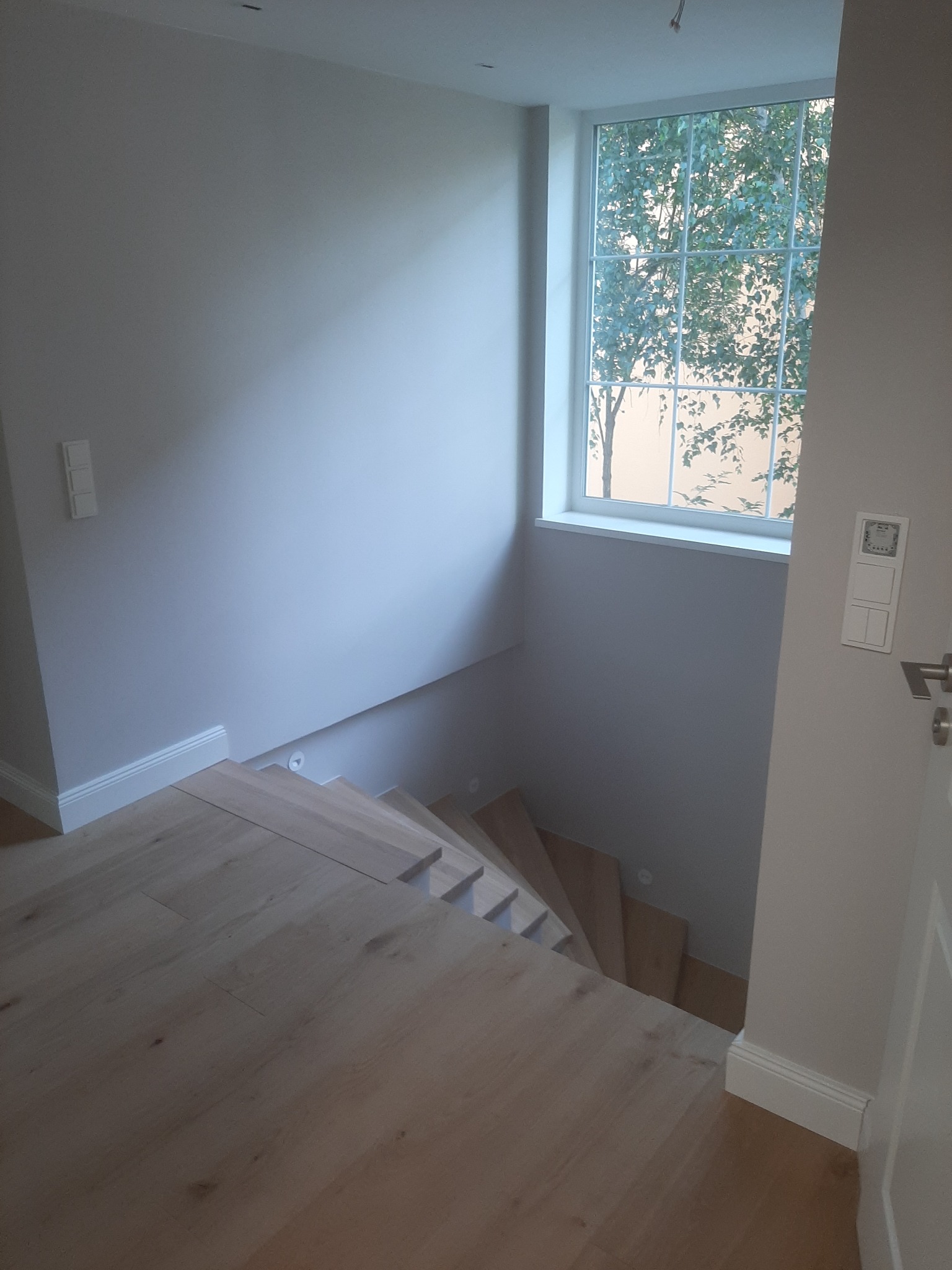 Jasne drewniane schody prowadzące w dół, widoczne z poziomu podłogi, ściany pomalowane na jasny odcień szarości, duże okno z widokiem na drzewo.
